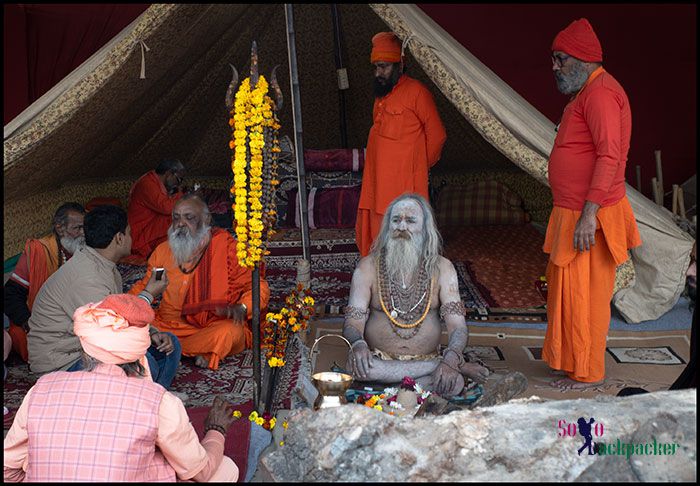 A holy Sadhu at his Akadha, Mahakumbh