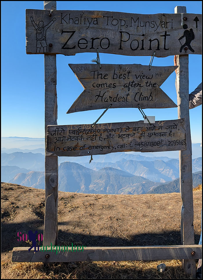 Signboard at Zero Point: Khaliya Top Trek